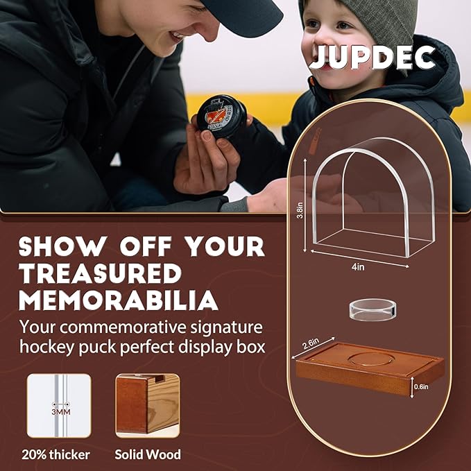 JupDec Hockey Puck and Collectibles Display Case, Premium Acrylic Clear Box Puck Holder with Mahogany Wood Base, Showcase for Autographed Souvenir Memorabilia, Collectible Figure Stand