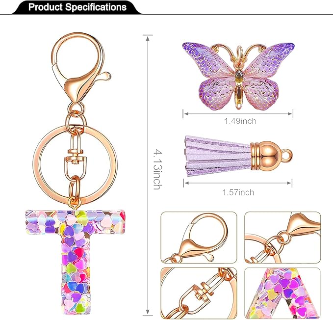 JINGUAZI Initial letter Keychains for Women Tassel Butterfly Pink Purple Cute Car Keychain for Wallet Backpack bag charm