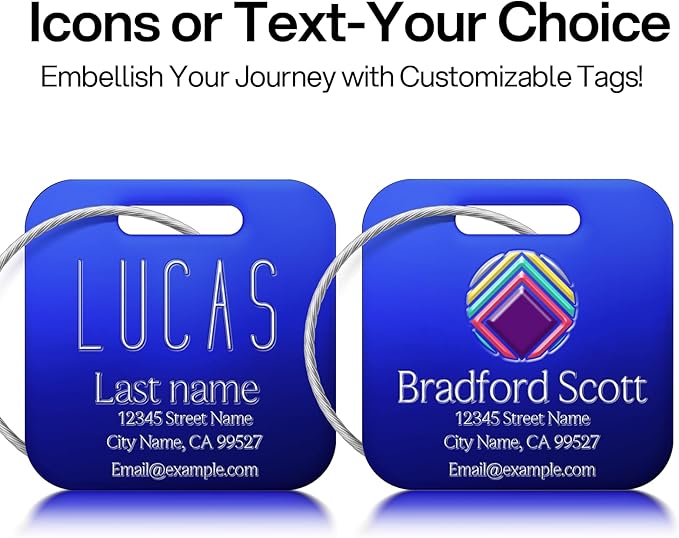 Personalized Luggage Tags - Custom Metal Luggage Tags for Suitcases, Backpacks and Bags with Your Personalized Club Logo Text (Square-Blue)