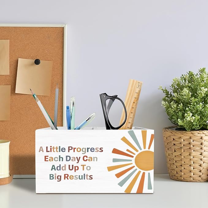 Boho Sun Inspirational Pen Pencil Holder for Desk, Boho Classroom Decor, A Little Progress Each Day Motivational Wooden Box Sign Desk Decor for Classroom Kids Room Decoration