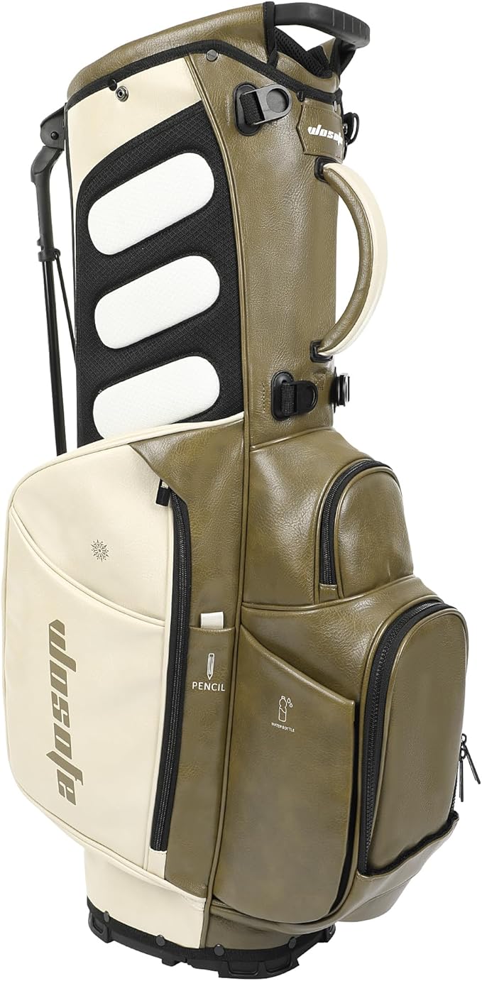 Lightweight 14-Way Golf Stand Bag, PU Leather Golf Bag Waterproof Men Women Full Length Top Dividers, Multiple 8 Pockets Cooler Pouch Adjustable Detachable Shoulder Dual Straps Rain Cover Hood