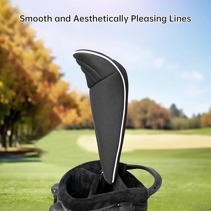 Golf Club Head Covers with Zipper - Balck Golf Club Covers for Woods and Driver Fairway Hybrids, Golf Accessories Headcovers Set