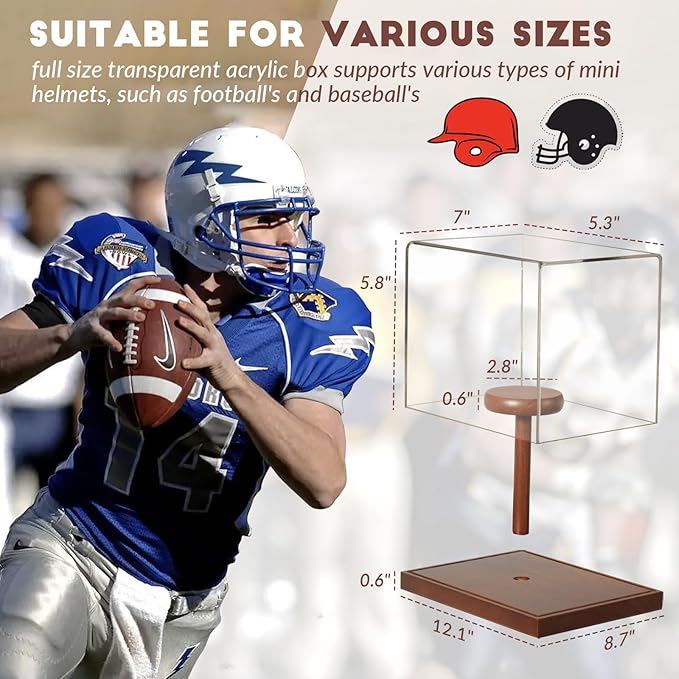 JupDec Mini Helmet Display Case, Acrylic Clear 1/2 Football Helmet Showcase, UV Protection Souvenirs and Collectibles Box with Solid Wood Base & Riser, Ideal Gift for Sports Enthusiast, 2 Pack