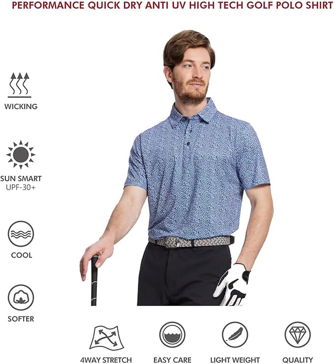 Golf Shirts for Men Dry Fit Short Sleeve Print Performance Moisture Wicking Polo Shirt