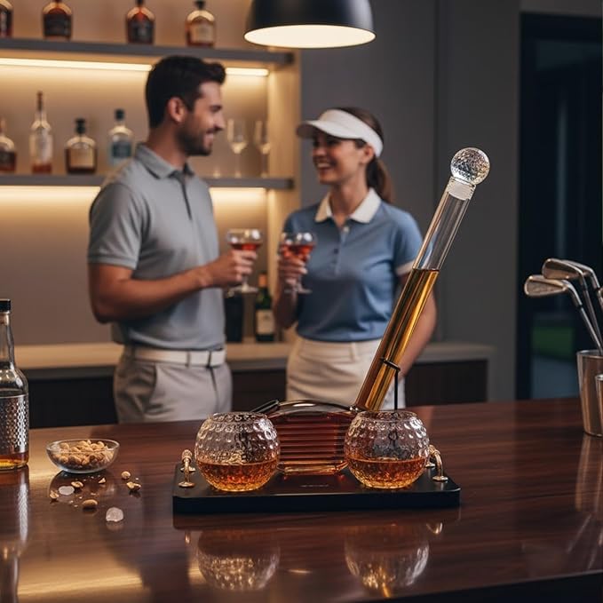 Golf Club Whiskey Decanter Set with 2 Crystal Glasses, 28.7oz Clear Borosilicate Glass 15.2oz Ball Cups for Bourbon Scotch Serving, Sports Themed Barware Birthdays Fathers Day Retirement Gifts for Men