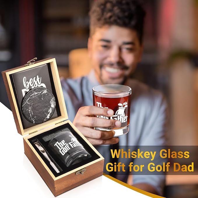 Whiskey Glass Gifts for Golf Dad, Best Gift for Men, Gift with 12oz Whiskey Glasses, Stones, Coaster, Wooden Box for Golf-Dad