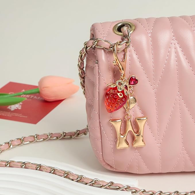 Snycler Bubble Initial Keychain with Strawberry & Bow- Gold Letter Bag Charms for Women, Cute Purse Handbag Accessories
