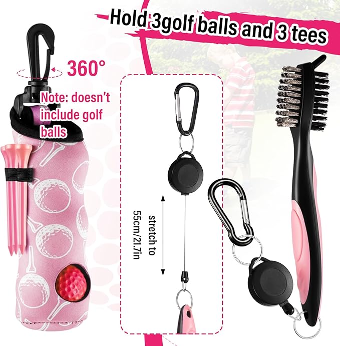 16 Pcs Pink Golf Accessories Kit Include 4 Pcs Golf Club Head Covers, Ball Bag with Hook Pink Towel Magnetic Ball Marker Tees Divot Tool Cleaner Brush for Christmas Women Girls Gifts