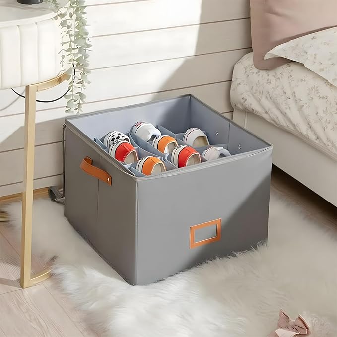 Atlodas Fabric Shoe Organizer Storage Box, 2 Pack Foldable Shoe Storage Organizer Box Bin with Adjustable Dividers and Clear Cover, Fits up to 8-16 Pairs (Gray)