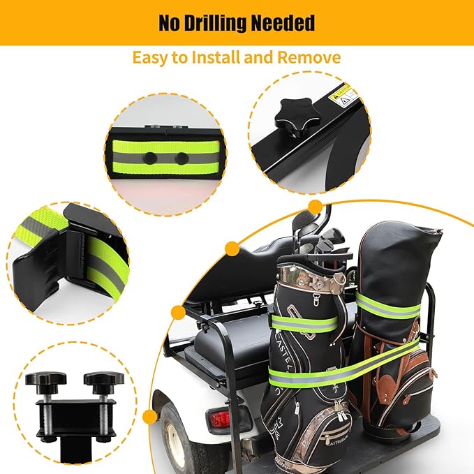 No Drilling Golf Cart Bag Holder Bracket for 2+2 Golf Cart Rear Seat with 1 Inch Square Tube, Universal Golf Bag Attachment Adjustable for EZGO Club Car Yamaha Golf Carts
