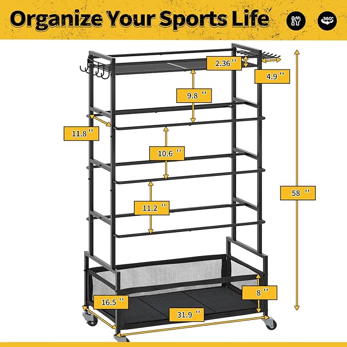 SOYEEZE Garage Sports Equipment Organizer-Large 5 Layer Ball Storage, Basketball Stand Holder, Outdoor toy storage, Baseball Bat Rack, Rolling Ball Cart with Hooks and Wheels for Indoor/Outdoor Use