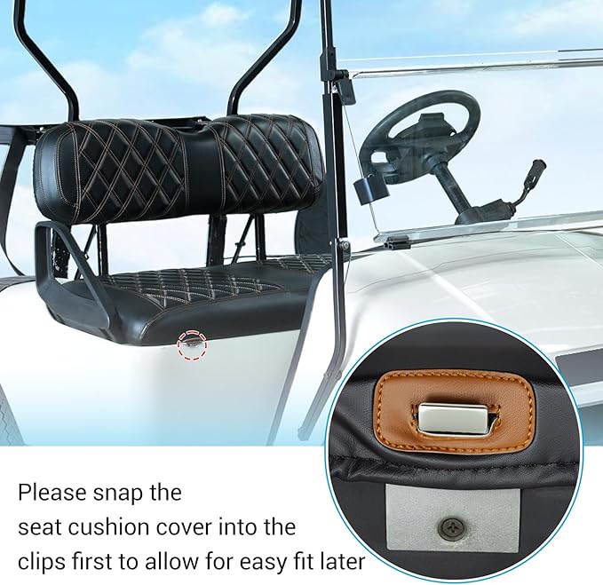 Golf Cart Diamond Seat Covers Kit Suitable for EZGO TXT Standard Front Seat Cushion, EZGO TXT Front Seat Covers Kit No Drilling & Waterproof (Black PVC Leather & Brown Stitching)