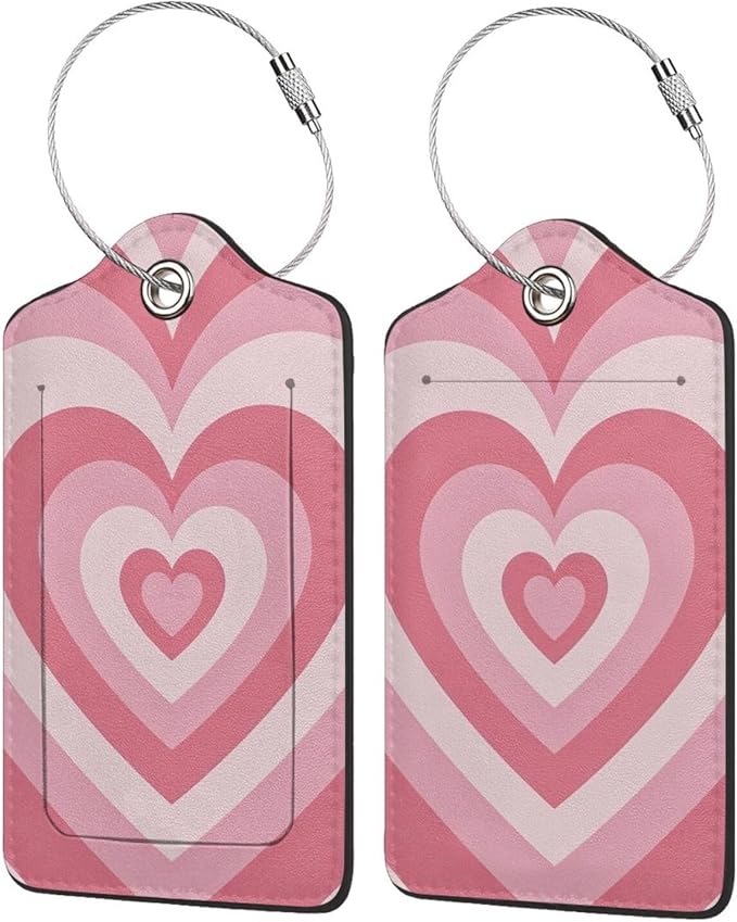 2 PCS Luggage Tags for Suitcase Pink Heart Leather Suitcases Tag with Stainless Steel Loop and Name ID Address Label Privacy Cover for Women Men Travel Luggage Accessories