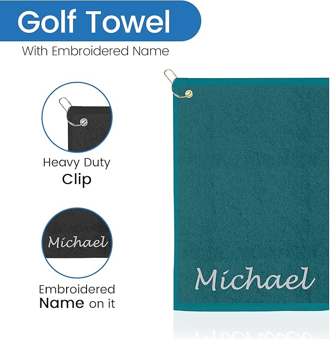 Personalized Passion Golf Towel with Embroidered Name - 16"x26" Custom Golf Towels with Clip - Soft & Highly Absorbent Plush Velour - Easily Wipes Away Sweat and Dirt - Gift for Golfers - Aqua