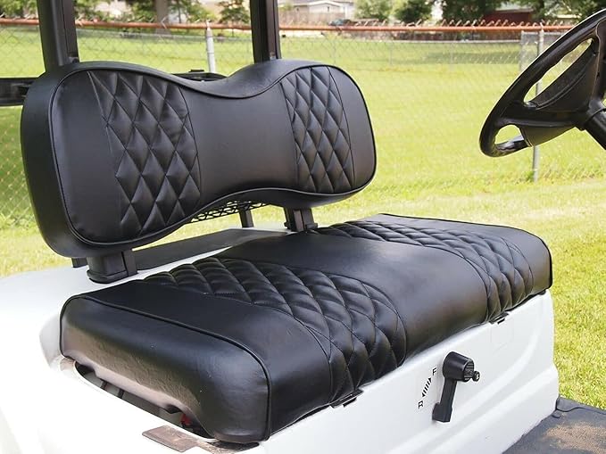 Huskey 2PCS Golf Cart Front Seat Covers for EZGO RXV 2008-UP G&E Models Custom Two-Tone Black Diamond Stitching with Black Piping, Marine Grade Vinyl Material, Staple on Design
