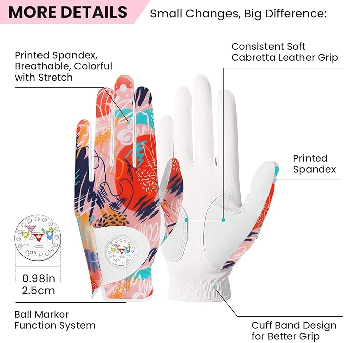 FINGER TEN Stylish Golf Gloves Women with Ball Marker 1 Pack for Left or Right Hand, Breathable Glove with Fashion Patterns for Ladies Right Left Handed Golfer