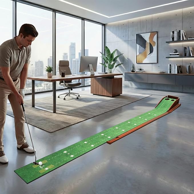 Putting Green Indoor with Three-Level Adjustable Incline, Auto Ball Return - Easy to Fold Solid Wood Base, Golf Training Aid for Home, Office, Backyard - Golf Putting Mat for Men
