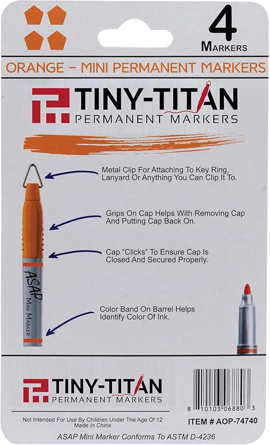 Tiny-Titan Mini Markers, Keychain Clip, Golf Ball Marker, Clip On Nurse's Badge - ORANGE Ink - Fine Point - 4 Pens