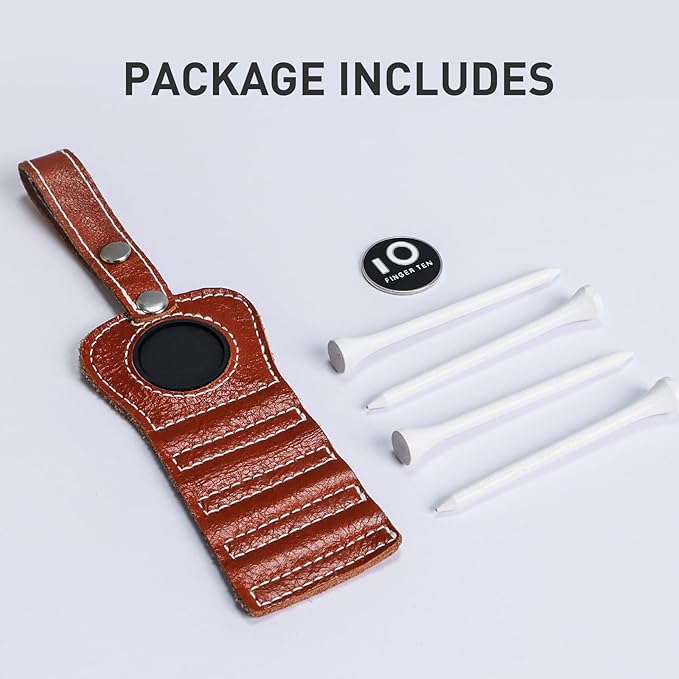 FINGER TEN Golf Tee Holder with Ball Marker and 4 Pcs Wood Tees Value 1/2 Pack, Luxury Leather Gift Hook to Golf Bag Belt Clip