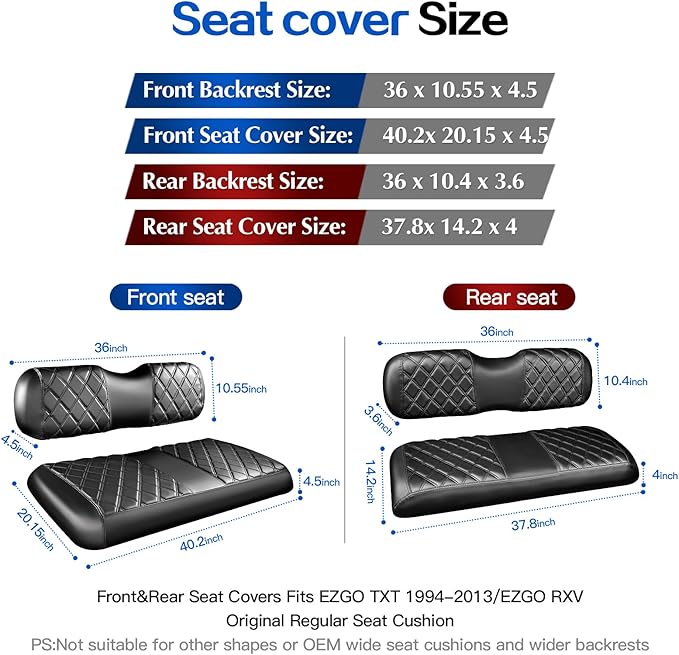 NOKINS 4PCS Golf Cart Diamond Seat Covers Kit,Front and Rear Seat Covers Fits for EZGO/Club Car/Yamaha Original Regular Seat Cushion, No Stapler