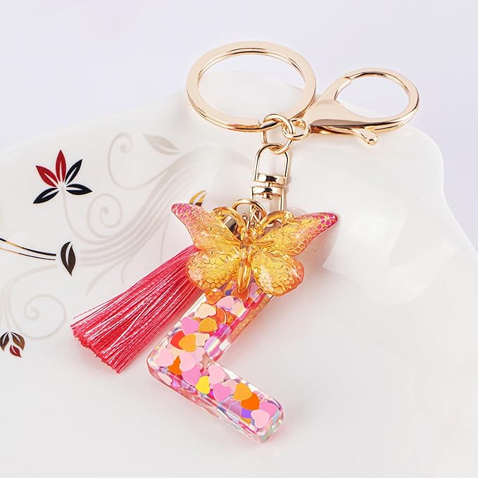 Suweibuke Colourful Cute Initial Letter Keychains for Women Girls with Tassel Butterfly, Charm for Purse Handbags Backpacks