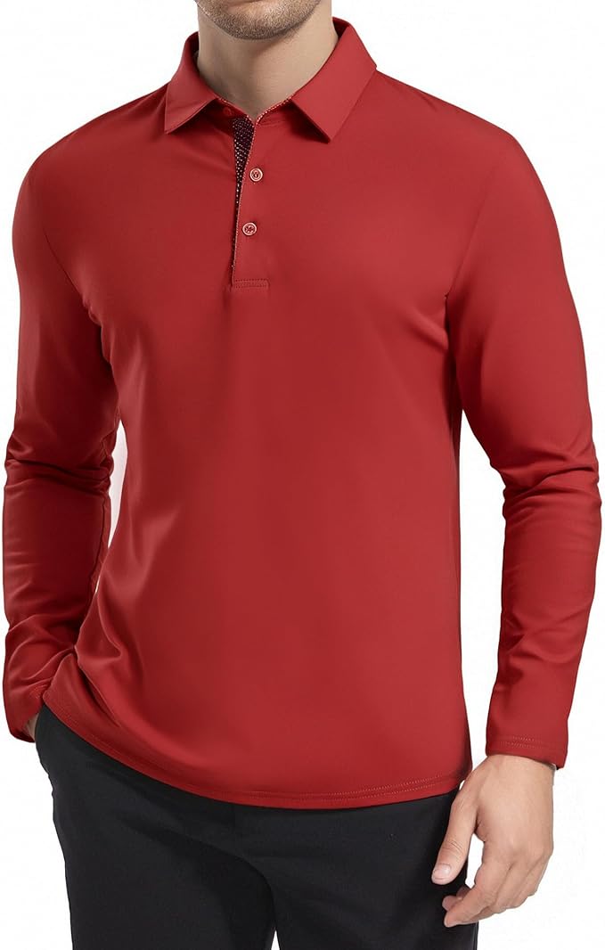 Alex Vando Mens Golf Shirt Moisture Wicking Quick-Dry Solid Long Sleeve Polo Shirts for Men