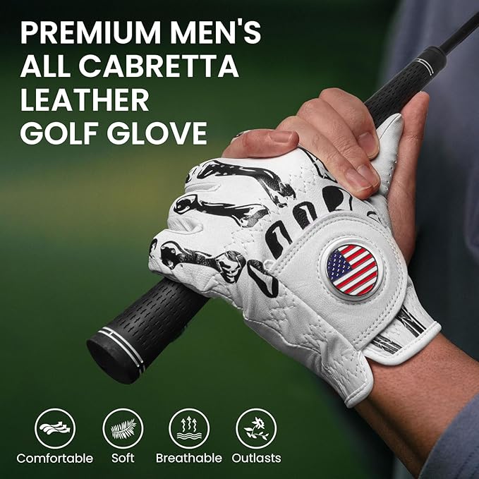 Golf Gloves Men All Premium Cabretta Leather 1 Pack with 2 Ball Marker, Mens Golf Glove Right Handed Golfer Left Hand All Weather Grip, Fit Size Small Medium ML Large XL