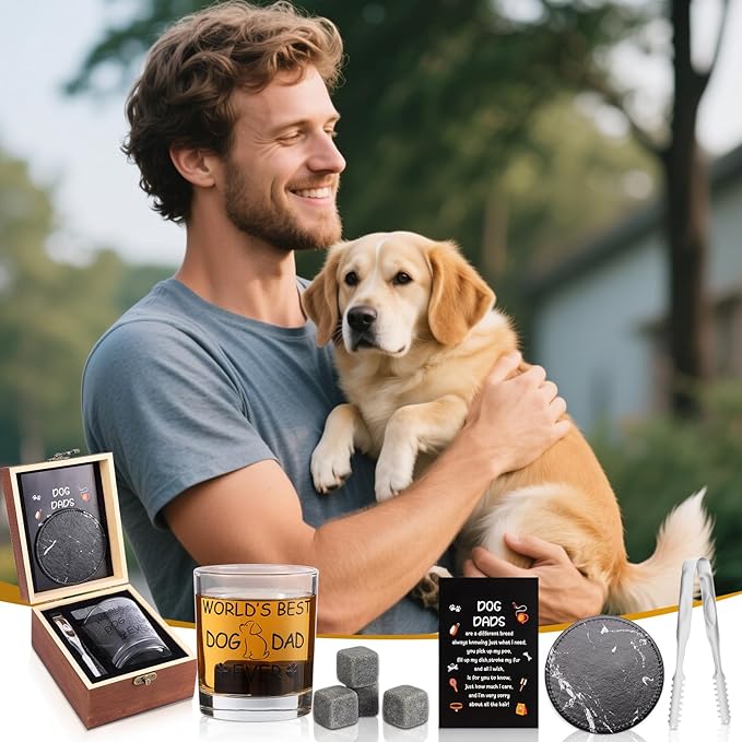 Dog Dad Gifts, Best Gift for Dad, Gift with 12oz Whiskey Glasses, Stones, Coaster, Wooden Box for Dogfather