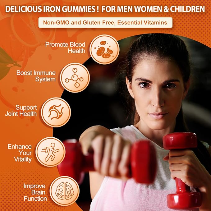 Iron Gummies Vitamin Supplement 65mg & Vitamin C 250mg per Serving with B6 B12 Folate- Energy Support for Iron Deficiency, Anemia, Vegan Orange & Lemon Flavor, 120 Count