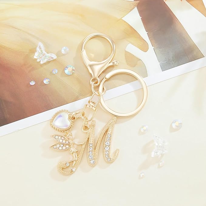 Gold Plated Alphabet Initial Letter Keyring Keychain for Women Girls Crystal Key Chains for Wallet Backpack Bag Charm