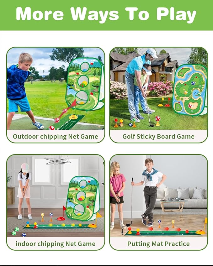 4-In-1 Kids Sticky Golf Games Set With Club, Golf Putting Practice Mat,3-Sided Golf Chipping Net, Multiple Game Modes, Golf Cornhole Board Set, Indoor & Outdoor Golf Practice For Kids & Adults