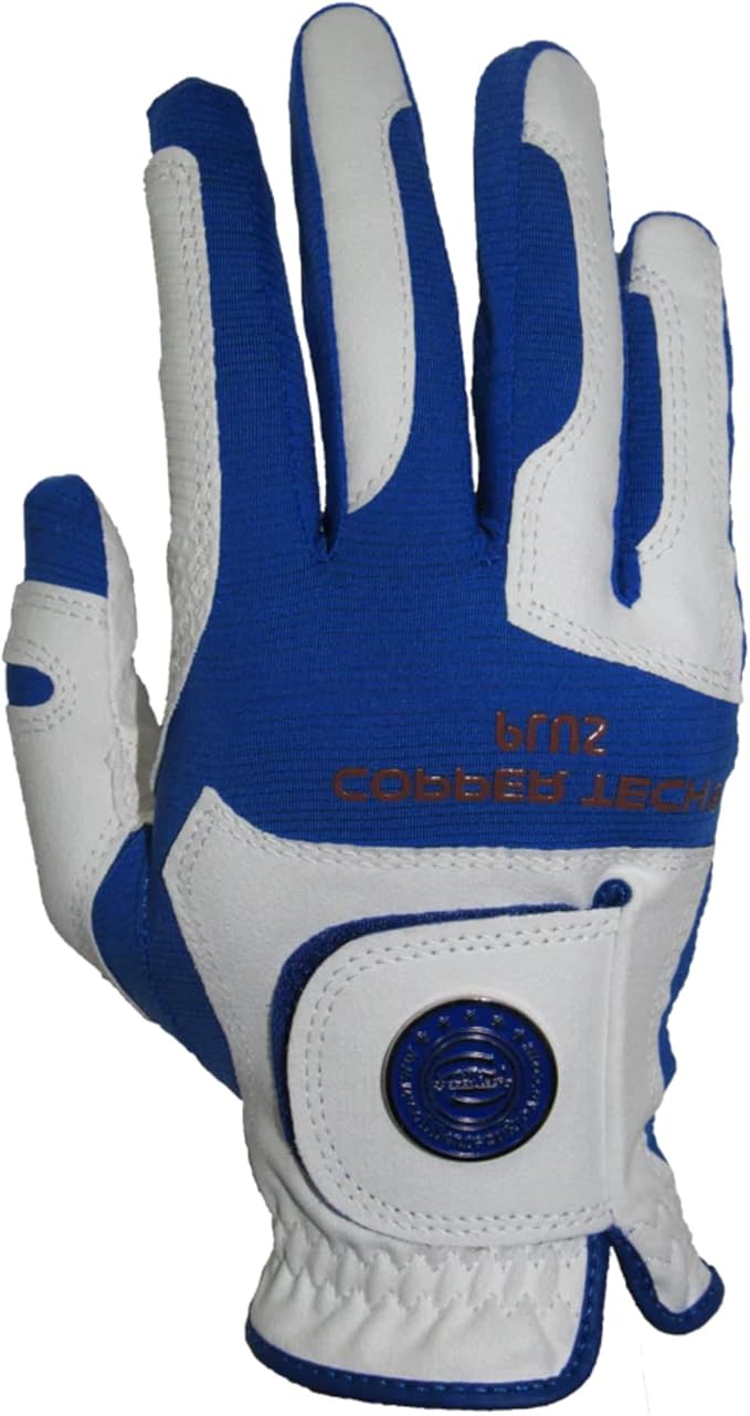 Men’s Golf Glove – White/Royal Blue – Copper Infused Compression for Arthritis Relief, Non-Slip Silicone Grip – USGA Approved