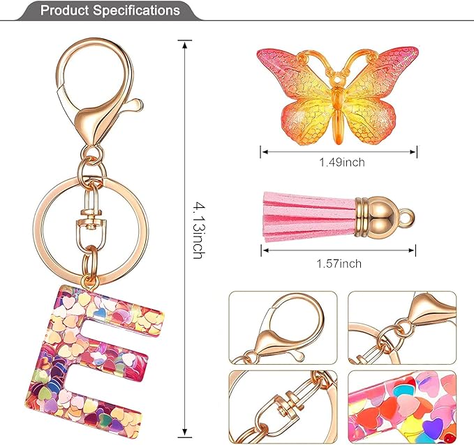JINGUAZI Initial letter Keychains for Women Tassel Butterfly Pink Purple Cute Car Keychain for Wallet Backpack bag charm