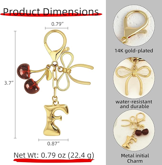 Gold Bubble Heart, Cherry, Bow & More Designs Letter Initial Keychain Bag Charms – Cute Purse Charms for Handbags