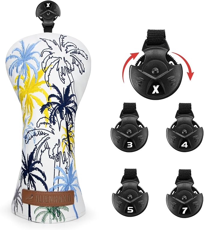 Golf Club Head Covers 3 Wood Headcover Hawaii Coconut Tree Style Elegant Embroidery Premium Leather Waterproof Driver Cover Fairway Wood Cover Hybrid Cover with Number Tags