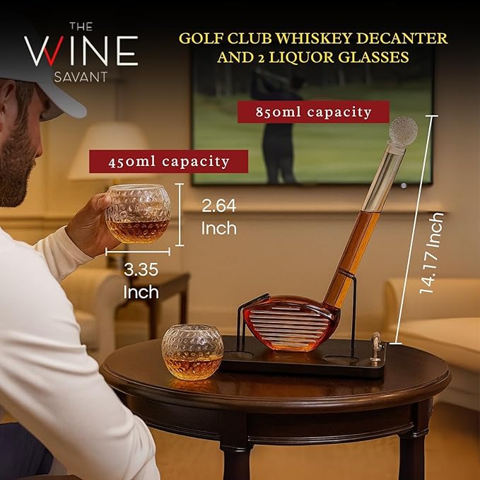 Golf Club Whiskey Decanter Set with 2 Crystal Glasses, 28.7oz Clear Borosilicate Glass 15.2oz Ball Cups for Bourbon Scotch Serving, Sports Themed Barware Birthdays Fathers Day Retirement Gifts for Men