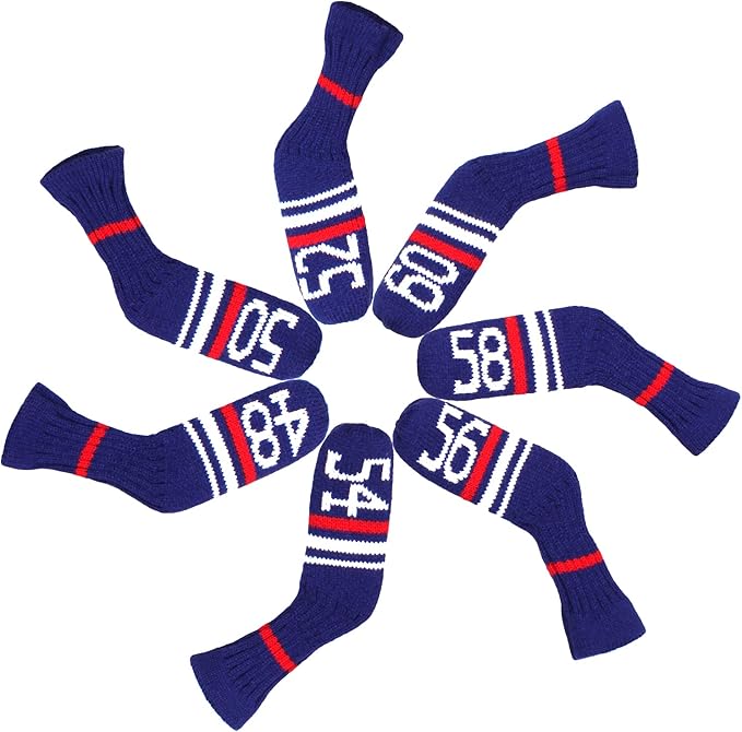Scott Edward 1/7/10 Pcs Knitted Golf Club Head Covers for Irons Wedge Cuteness and Basically Socks Shape Washable Golf Club Head Protector on Red/Blue Warning Style