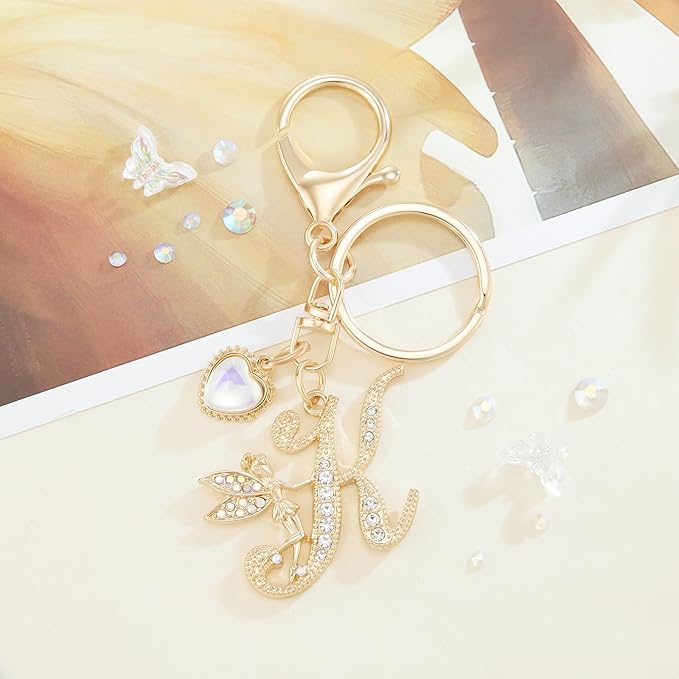 Gold Plated Alphabet Initial Letter Keyring Keychain for Women Girls Crystal Key Chains for Wallet Backpack Bag Charm