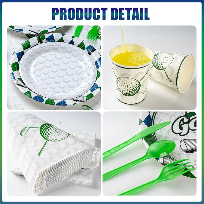 Golf Party Decorations Set for 50 Guests, 350 Pieces, Plates, Cups, Napkins, Cutlery, Green and White