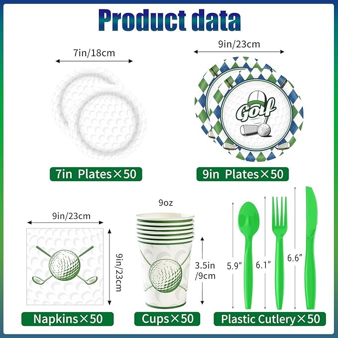 Golf Party Decorations Set for 50 Guests, 350 Pieces, Plates, Cups, Napkins, Cutlery, Green and White