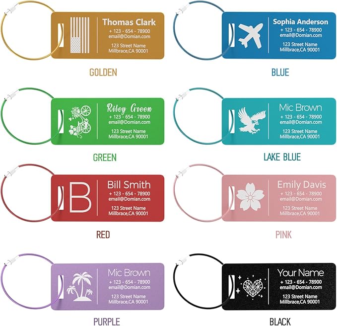 10 Personalized Metal Luggage Tags, Custom Suitcase Aluminum Name Tags with Steel Ring, Laser Engraved Name and Logo, for Travel, Backpack, Baggage, Golf Bag (Golden)