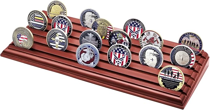 PiaoHao 6 Row Military Challenge Coin Display Case - Natural Solid Wood Stand Holds 30-45 Coins - Army Police Collectors Holder