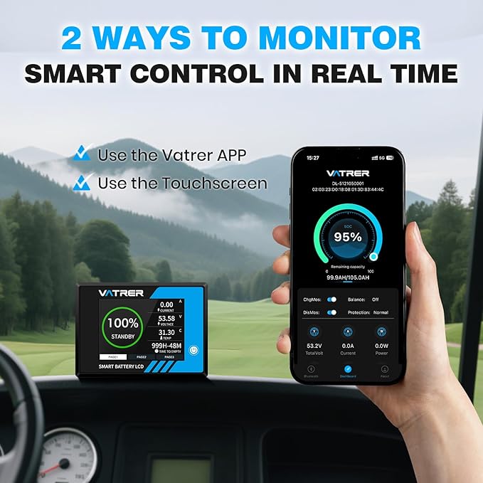 48V 105Ah Mini Lithium Golf Cart Battery, Built-in 200A BMS, with LCD Display & APP, 4000+ Cycles LiFePO4 Battery with 20A Lithium Charger, Max 10.24kW, Perfect for Golf Carts