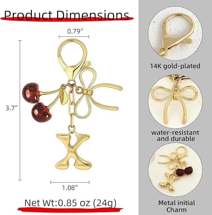 Gold Bubble Heart, Cherry, Bow & More Designs Letter Initial Keychain Bag Charms – Cute Purse Charms for Handbags