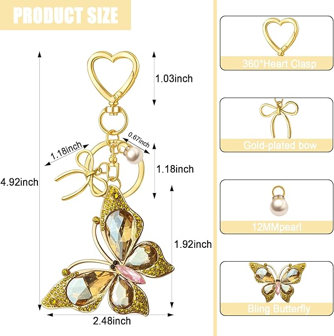 Bag Charm Keychain for Women: Cute Bow Keychains with Diamond Butterfly Pendant, Bags Purse Key ring Accessory