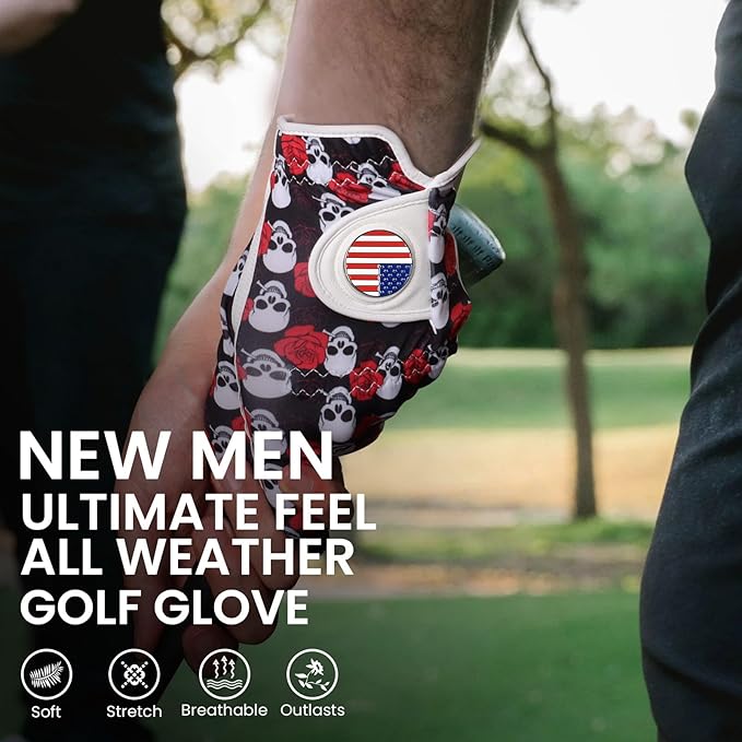 FINGER TEN Golf Gloves Men Right Handed Golfer Left Hand with Ball Marker 2 Pack Leather Breathable Comfortable Weathersof Grip Size Small Medium ML Large XL