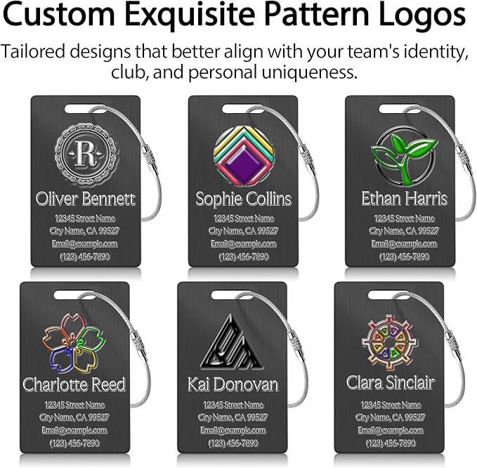 Personalized Luggage Tags - Custom Metal Luggage Tags for Suitcases, Backpacks and Bags with Your Personalized Club Logo Text (Black)