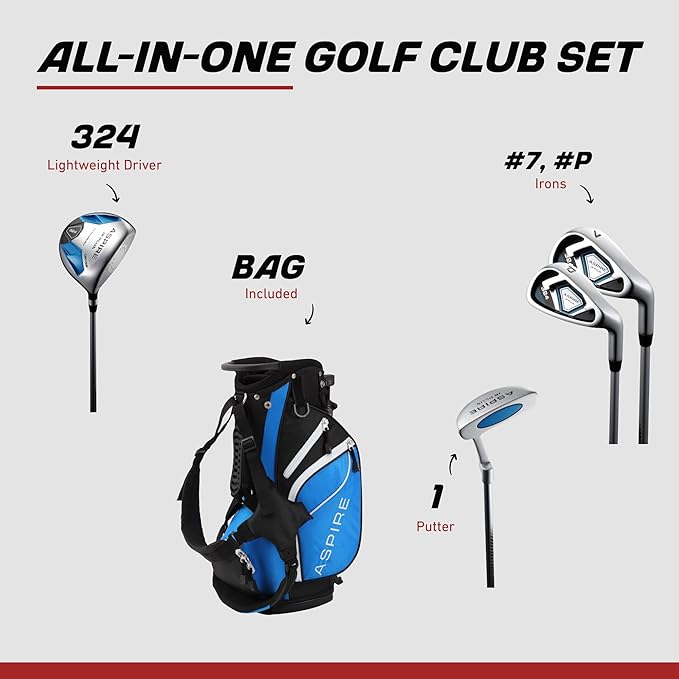Aspire Junior Plus Kids Golf Clubs – Boys’ & Girls’ Right-Handed Golf Set with Lightweight Stand Bag, Graphite Shafts & Aircraft-Grade Aluminum Clubs