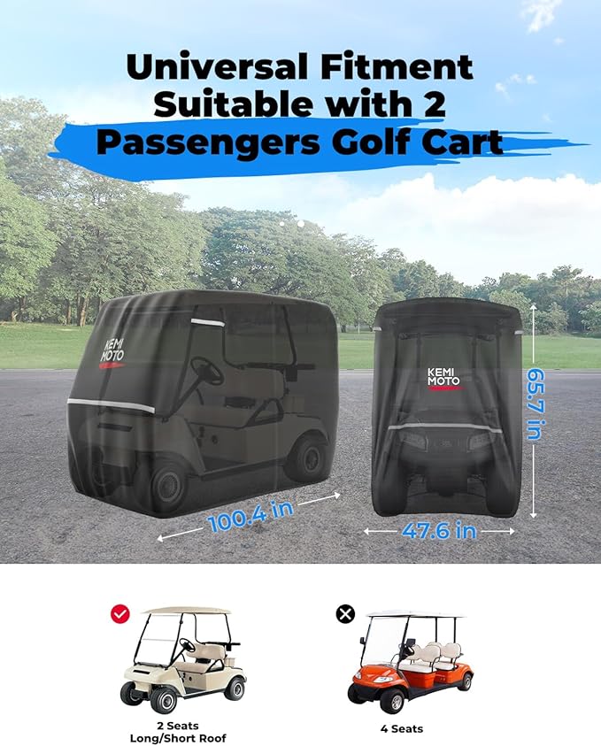 KEMIMOTO Golf Cart Cover, 600D Weatherproof Durable Protection 2-Seater Large Rainproof Cover with Storage Bag Compatible with EZGO Club Car 2 Passenger, Black