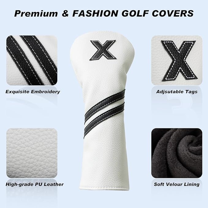 Golf Club Covers,4pcs or 1pc Golf Headcovers for Woods and Driver Fairway Hybrids Women Men - Premium PU Leather with Interchangeable Tags & Magnetic Blade and Mallet Putter Covers